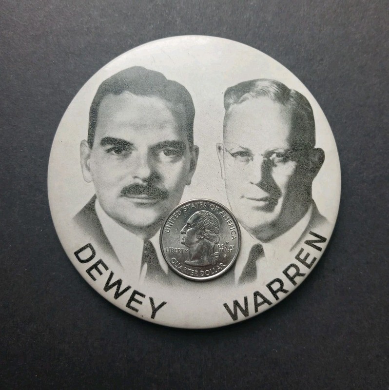 LARGE 3.5" DEWEY WARREN CAMPAIGN JUGATE PINBACK BUTTON 1948 REPUBLICAN PRESIDENT