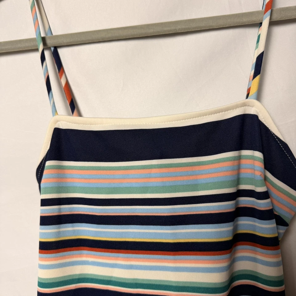 Mini vestido retrô azul marinho vermelho rosa listra arco-íris Bodycon recorte amarrar atrás M - Imagem 4 de 4