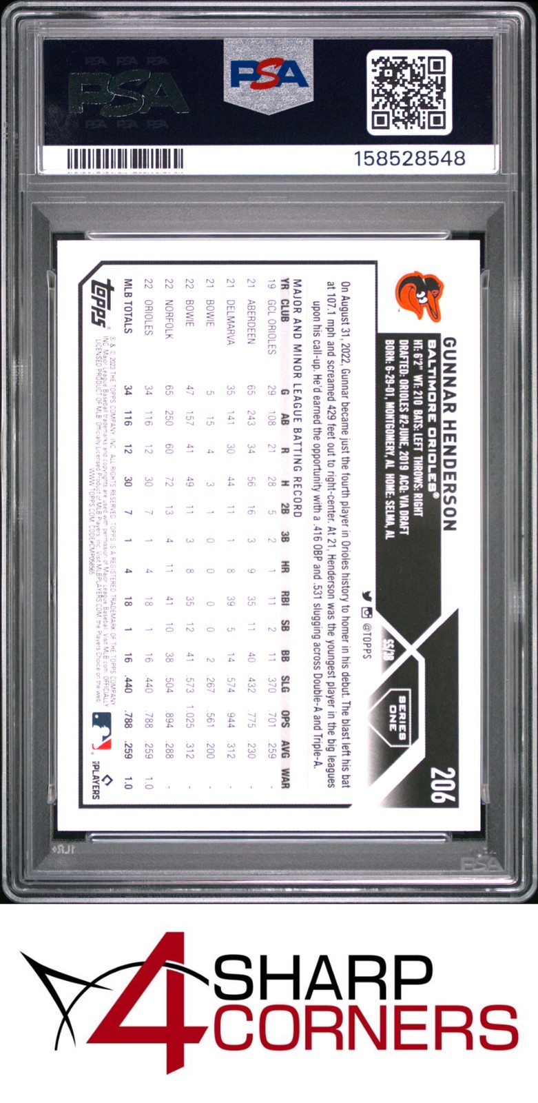 2023 TOPPS #206 GUNNAR HENDERSON RC ORIOLES PSA 10 view 2