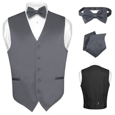 Men's Dress Vest BOWTie Hanky CHARCOAL GREY Gray Bow Tie Set for Suit or Tuxedo