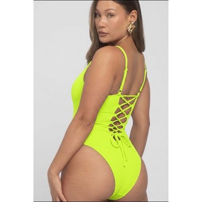 TA3 Hi Cut Plungey One Piece Swimsuit Acid Neon Yellow Medium Regular/Long NWT