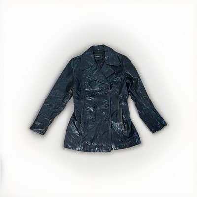 Vintage GUESS Leather Jacket Womens S Black Genuine Leather Long Jacket