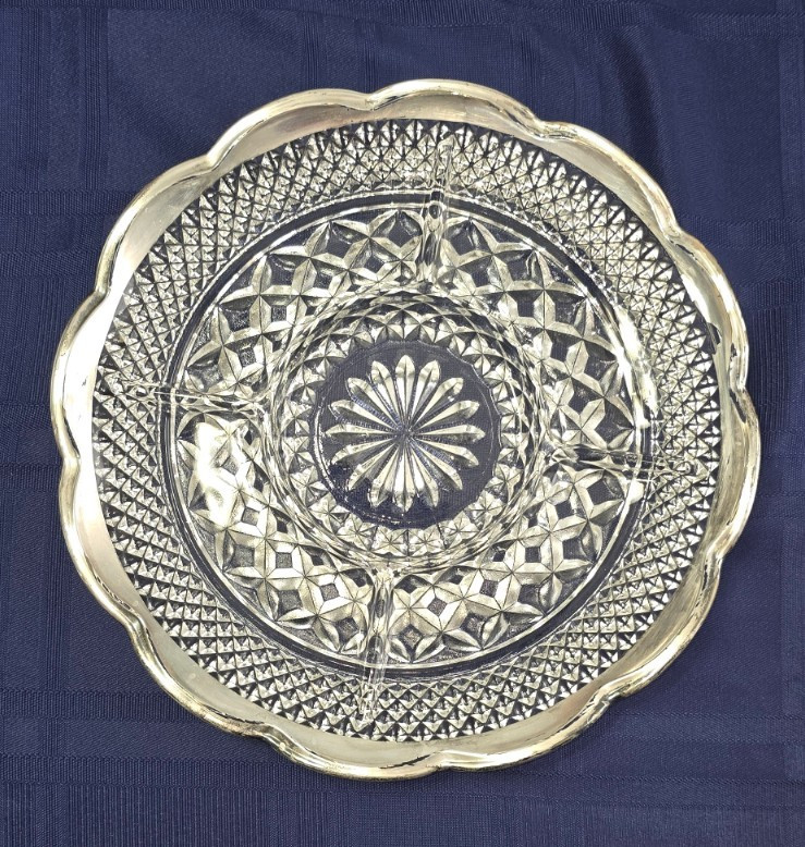 ANCHOR HOCKING WEXFORD  GLASS 5-SECTION DIVIDED 11" Platter Tray- Silver Trimmed