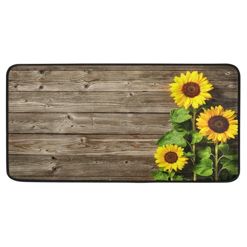 Kitchen Rug Mat, Yellow Sunflowers on Wooden Board Kitchen Mat Anti-Fatigue C...