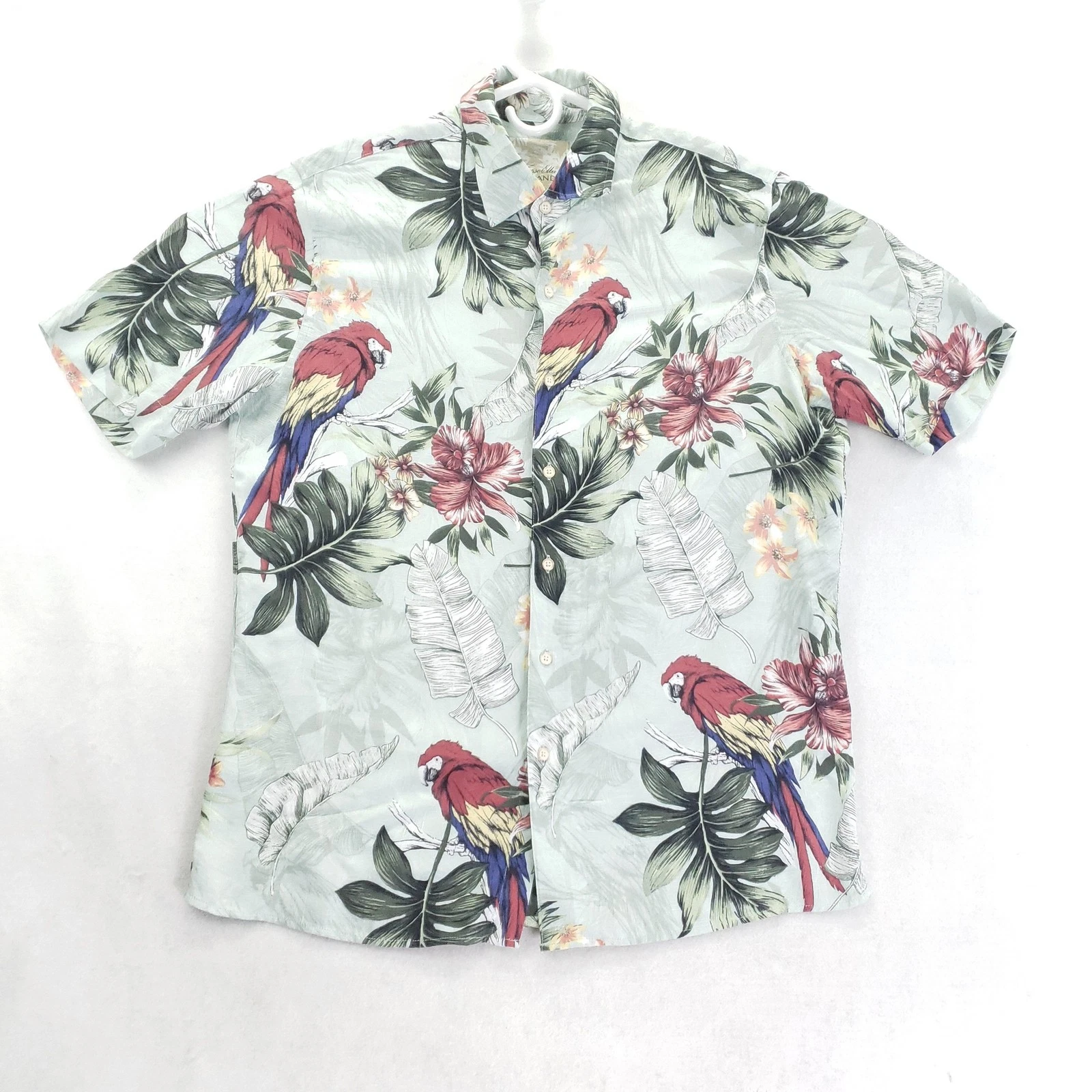 Tasso Elba Shirt Mens Medium Green Parrot Hawaiian Short Sleeve Rayon Casual