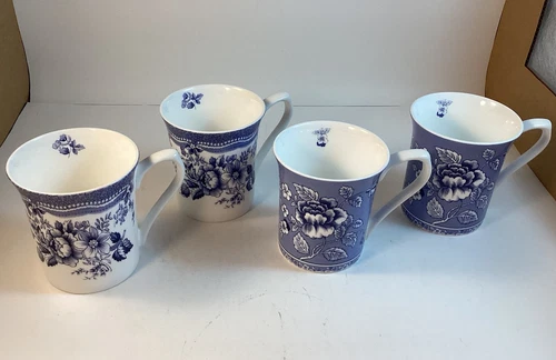 Queen's 2 Tonquin and 2 Albertine Mugs Blue White 3 3/8” T Bone China Cup Tea