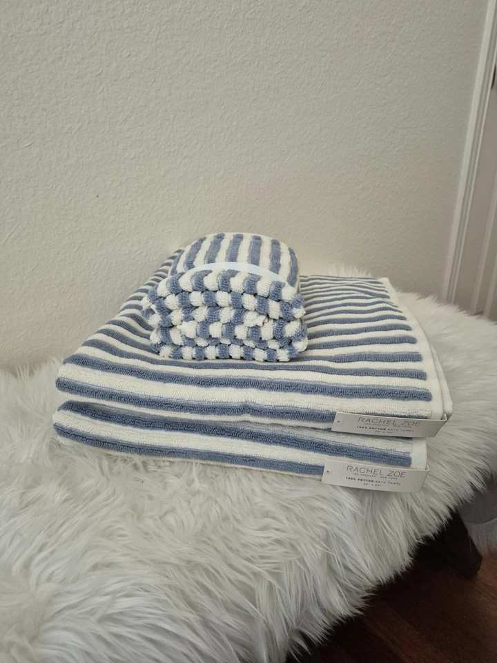 Juego de toallas de baño Rachel Zoe 4 piezas (2 baños + 2 toallas de mano) blanco y azul claro NUEVO Foto 2 de 4