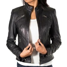 Black Caf Racer Motorcycle Biker Real Leather Jacket for Women
