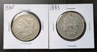 1880-O and 1883-P Morgan Silver Dollars, Lot of 2 ($2.00 Face), 90% Silver Coins