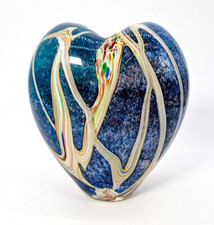 Vintage Art Glass Heavy Heart Shaped Vase Blue/Yellow Swirl 7.75"