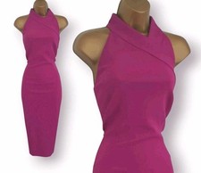 Karen Millen Magenta Pink Purple High Neck Cutout Wiggle Occasion Dress UK 8