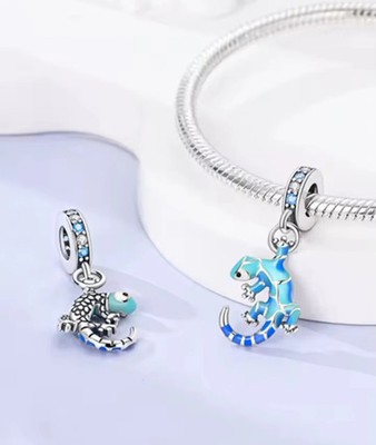 Blauer Gecko Chamäleon Bettel Silber Armband Halskette