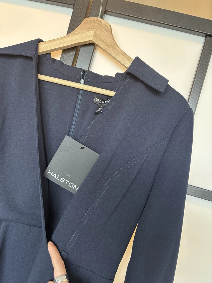 HALSTON синий воротник платье размер 10 офис карьера работы капсулы с Ярлыками ~ отсутствует ремень! - Изображение 3 из 4