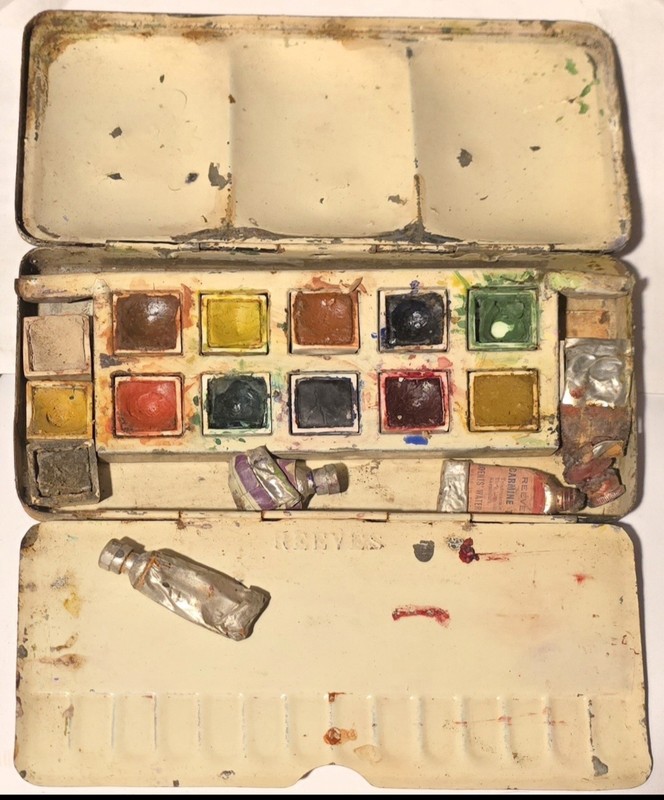 OLD VINTAGE RARE REEVES WATERCOLOR METAL BOX, MADE IN ENGLAND