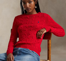  128 NWT Polo Ralph Lauren Cable-Knit Cotton Crewneck Sweater Coral red S, M, XL
