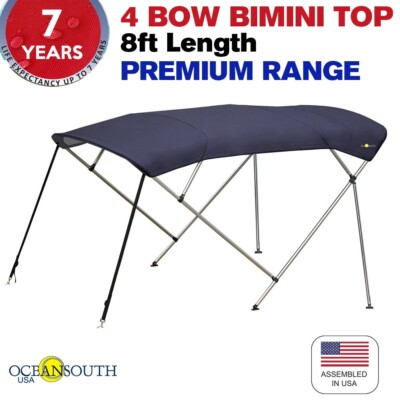 4 Bow Bimini Top PREMIUM RANGE 85'' - 90'' Width, 8ft Long Blue with Rear Poles