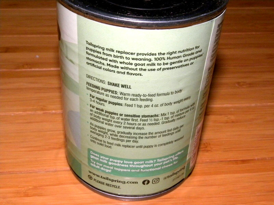 Tailspring Milk Replacer for Puppies Made w/Whole Goat Milk Human Grade