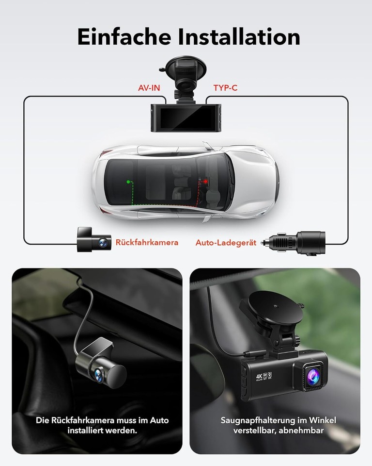 Oryzom 4K Dashcam Mit 3,94 Zoll Display – Front 4K + Heck 1080P – 170°/150° Weitwinkel – G-Sensor, Parküberwachung, Loop-Aufnahme – Inkl. 32GB SD-Karte – Für Sicheres Fahren