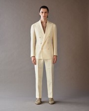 Cream Men Linen Suit Double Breasted Peak Lapel Prom Tuxedo Summer Casual Suit