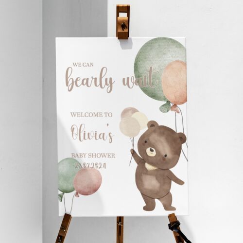 Personalised Baby Shower Welcome Poster We Can Bearly Wait Sign Print - A5-A2 - Foto 1 di 10
