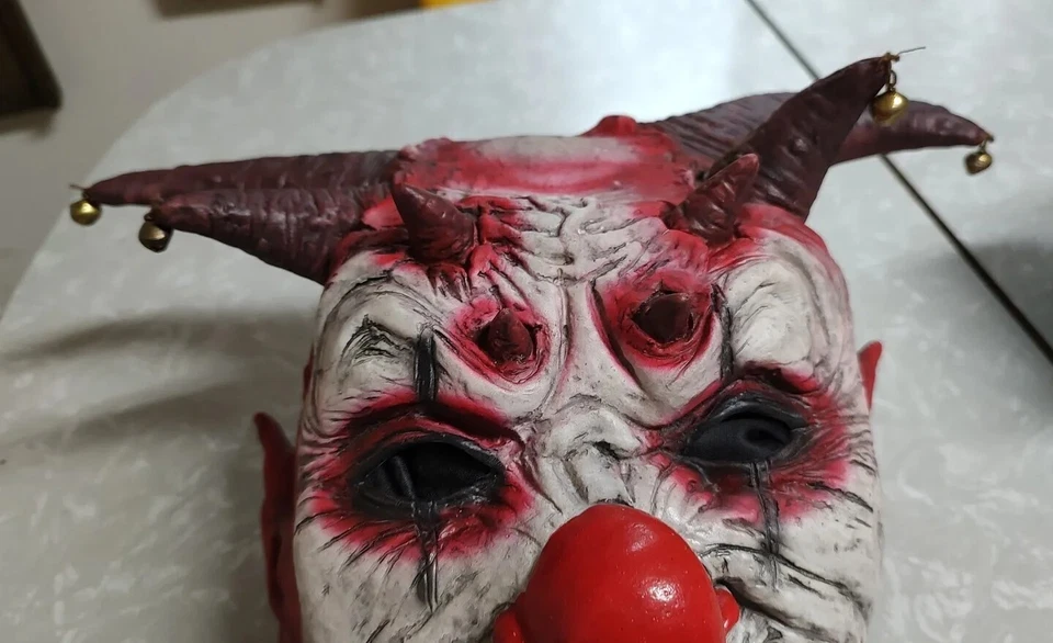 Adult "Jingle Jangle" Demon Clown Jester Full Latex Mask Devil Horns Bells Scary - Image 4 of 4