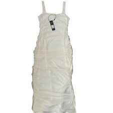 Fashion Nova Shaila Doubled Lined Midi Dress White Mesh Ruched Bodycon Size M