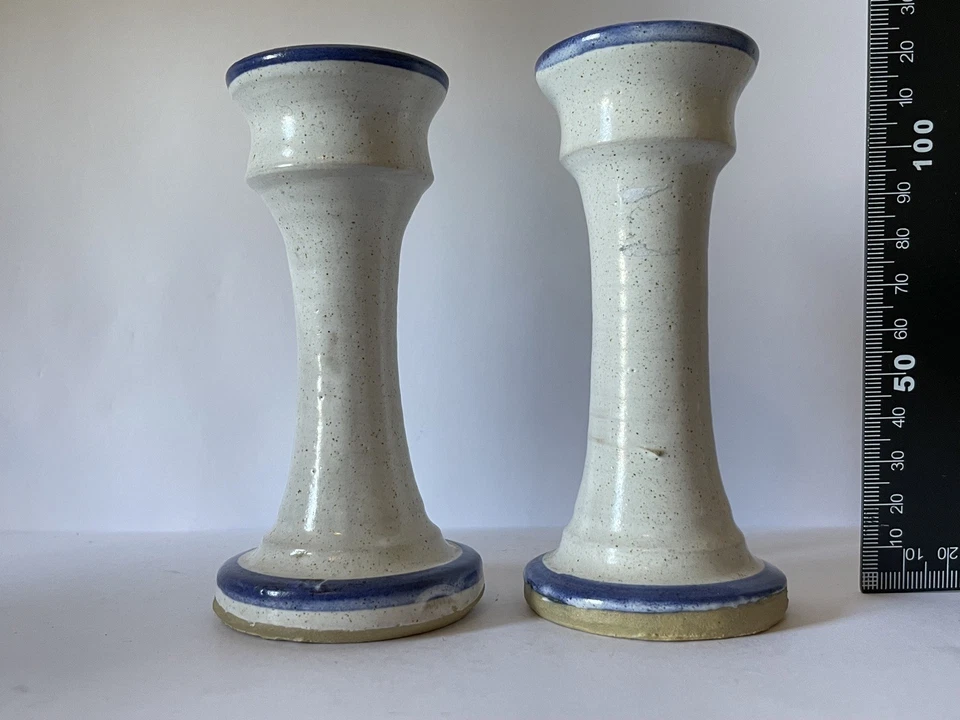 2 Rare Unusual Studio Art Pottery Chamber Candlestick Blue White Stoneware China - Image 4 of 4