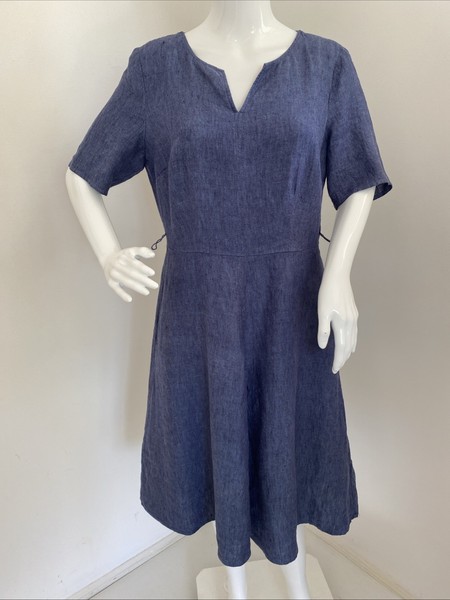 Jacqui E 12 Denim Blue Pure Linen Fit & Flare Notch Neck Midi Dress Pockets