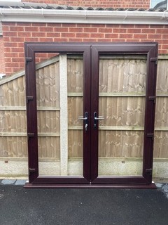 UPVC FRENCH DOORS AND FRAME DOUBLE ROSEWOOD BROWN OUTSIDE WHITE INSIDE