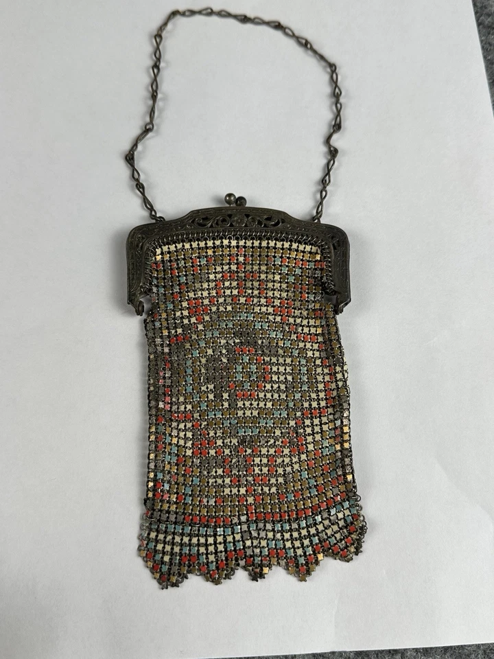 Antique Art Deco Whiting&Davis Metal Mesh Painted Kiss Lock Flapper Girl Purse - Image 3 of 4