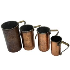 Set of Four Vintage Tall Copper Measuring Cups Riveted Brass Handles Apothecary