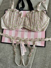 32D/S VICTORIA'S SECRET Rosebud Balconet Bra V-String Panty Set Pink. Rare