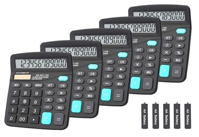 5 Pack 12-Digit Dual Power Handheld Desktop Calculator with Large LCD Display