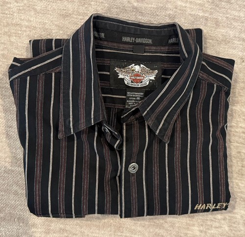 Harley Davidson Mens Black Striped Button Up Short Sleeve Shirt Size M - Picture 8 of 8
