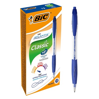 BIC Atlantis Clic Ball Pen 1.0mm Box of 12 - Blue Blue Refillable