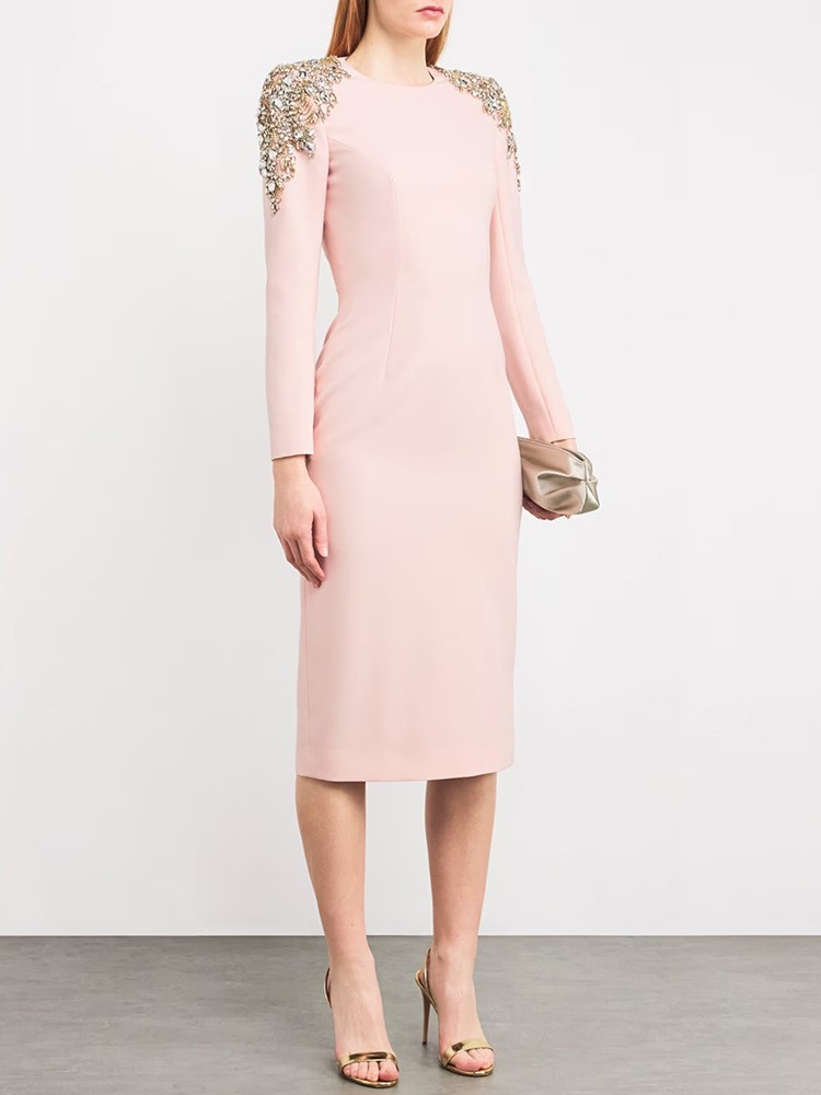 Elegante Vestido Midi de Noche Manga Larga con Cuentas y Cristal Adornado en Rosa