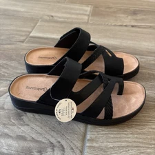 BareTraps Black Leather Strappy Slip On Wedge Sandals Felicitie Size 8.5 Medium