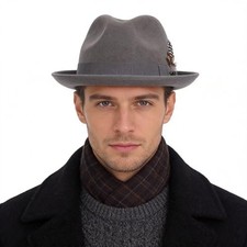 Wool Fedora Hats for Men Women Wide Brim Felt Panama Hat Large Feather-grey