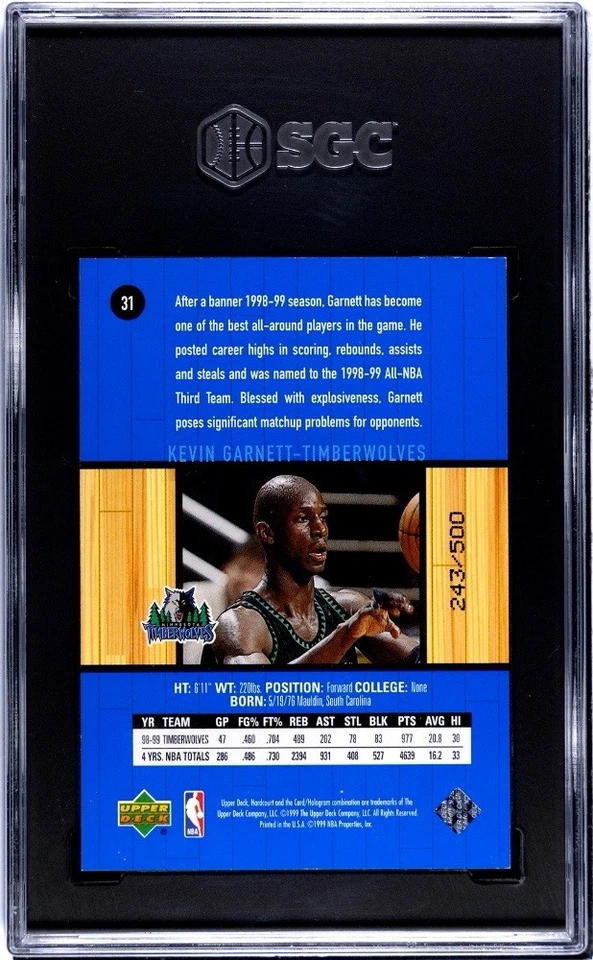 1999-00 Upper Deck Hardcourt Rainbow Baseline Grooves /500 Kevin Garnett SGC-9! - Image 2 of 2