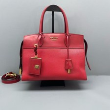 Prada Red Saffiano Crosshatch Leather Commuter Tote Handbag AUTH