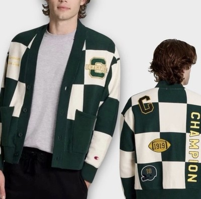 Champion Varsity Sweatshirt Cardigan Sweater Men's Medium Green Checkered Patch