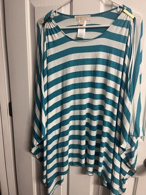 Teal and White Striped Boho Batwing Top Michael Kors