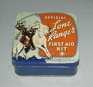 ORIGINAL LATE 1930S THE LONE RANGER OFFICIAL FIRST AID KIT IN 4" X 4" X 2" TIN
