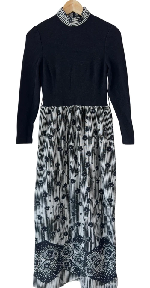 Vtg Francesca for Damon Wool Maxi Dress Size 8 Black Bodice Floral Stripe Italy - Image 2 of 4