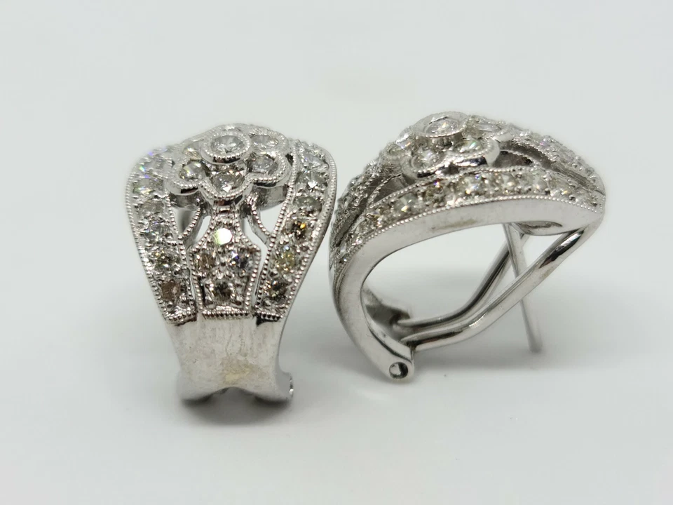 18K White Gold Natural Diamond Floral Motif Omega Clip Back Earrings MSRP $2,750 - Image 2 of 4