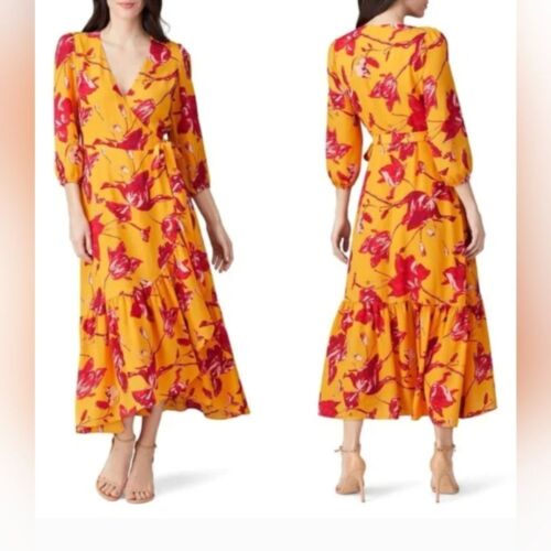 Color Me Courtney Eleanor Wrap yellow maxi belted Dress Floral Long Sleeve XS - Afbeelding 1 van 11