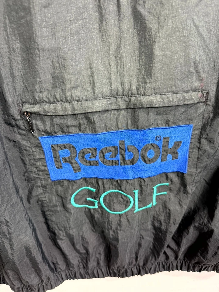 复古 Reebok 高尔夫风衣夹克男式中号黑色拼字口袋套衫 — 第 4/4 张图片
