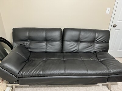 Black Leather Futon Foldable Couch 