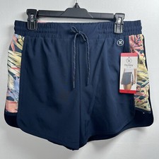 Hurley New Women's Moisture Wicking Drawstring Shorts, Navy Palm Print, Size M