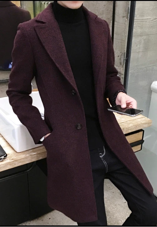 Men s Wool Blend Single breasted Overcoat Slim Fit Long Trench Coat Lapel Jacket